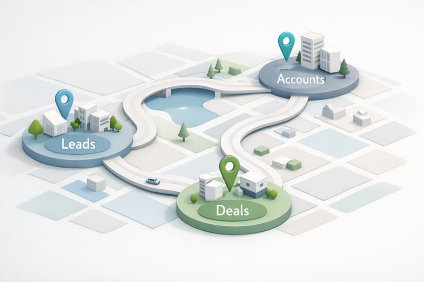 Illustration som visar hur data och relationer kopplas ihop i ett modernt CRM.